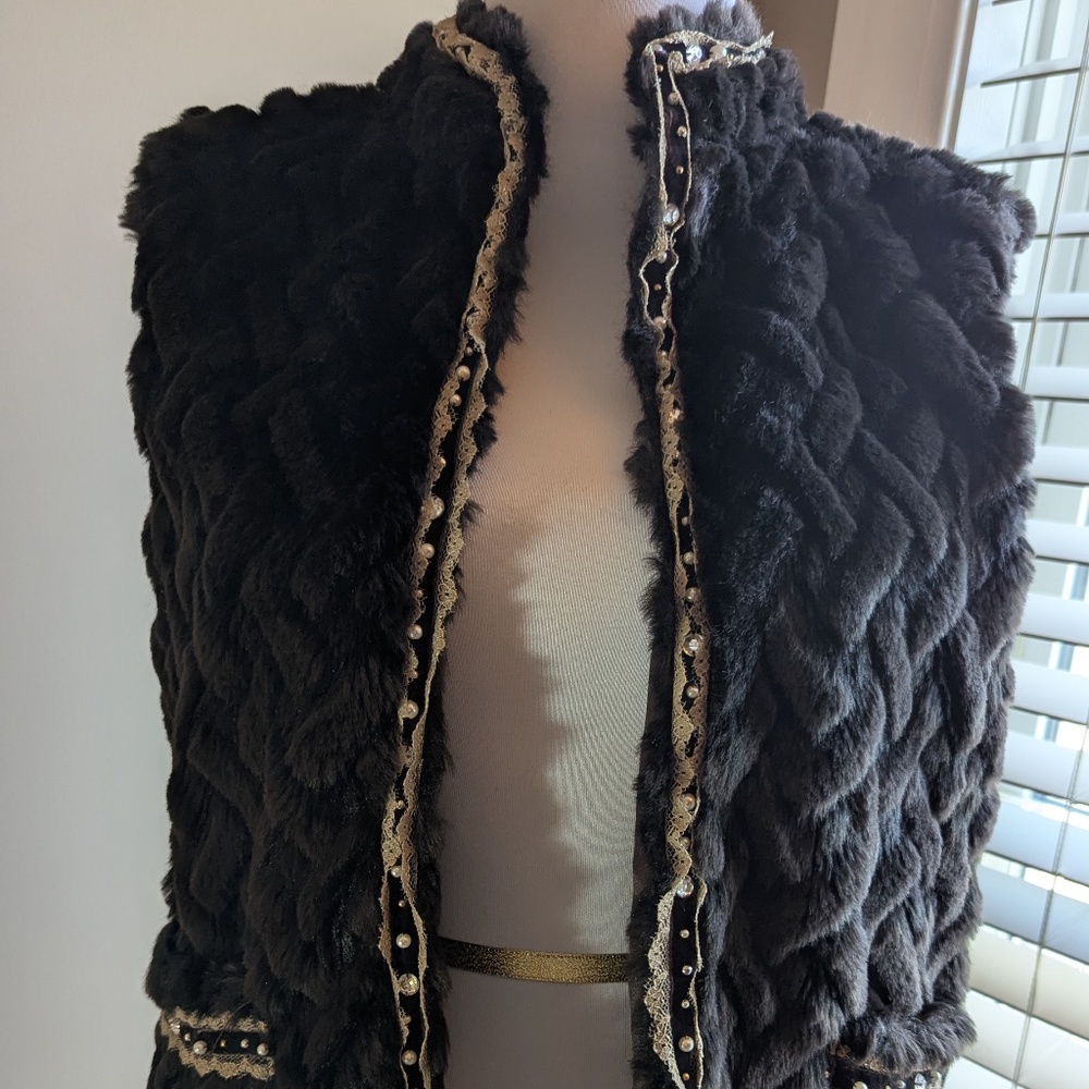 Vintage Brown Faux Fur Vest with Beading - Baxis and Baxis